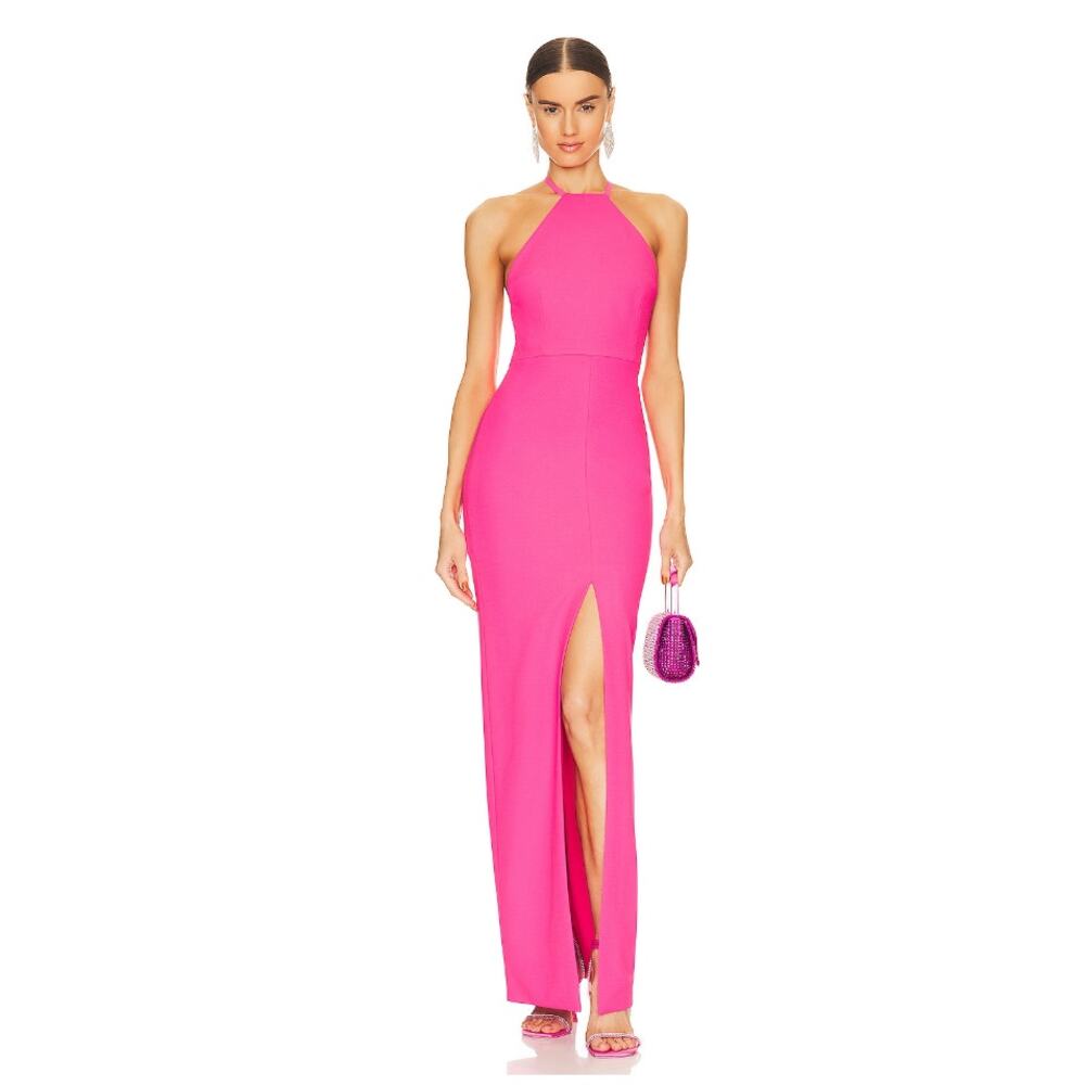 SOLACE LONDON Lila Maxi Dress Hot Pink High Neck Halter Strappy MSRP $575